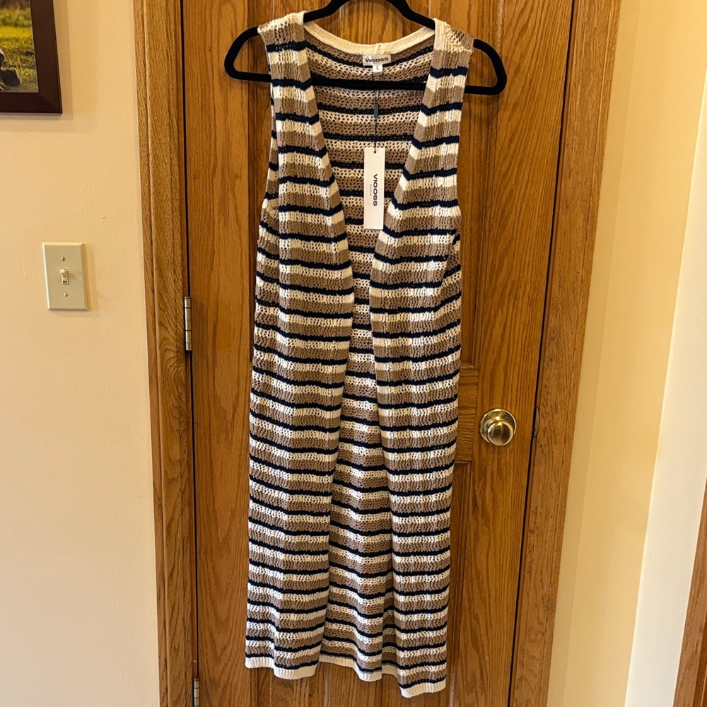 Vigoss Open-Front Striped Open Knit Maxi Vest in Black, Cream & Tan